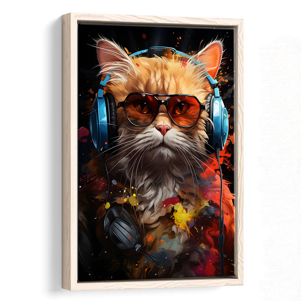 Cute Cat Wearing Headphones With Sunglasses Framed Canvas Prints Wall Art Home Decor, Painting Canvas, Floating Frame
