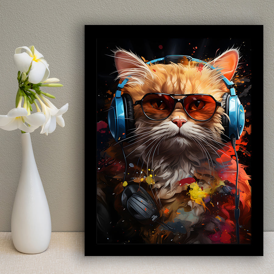Cute Cat Wearing Headphones With Sunglasses Framed Art Prints Wall Decor, Painting Art, Framed Picture
