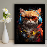 Cute Cat Wearing Headphones With Sunglasses Framed Art Prints Wall Decor, Painting Art, Framed Picture