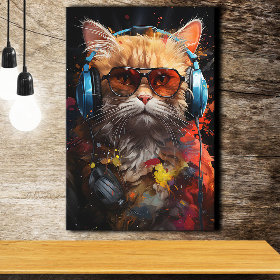 Cute Cat Wearing Headphones With Sunglasses Canvas Prints Wall Art Home Decor, Painting Canvas, Living Room Wall Decor