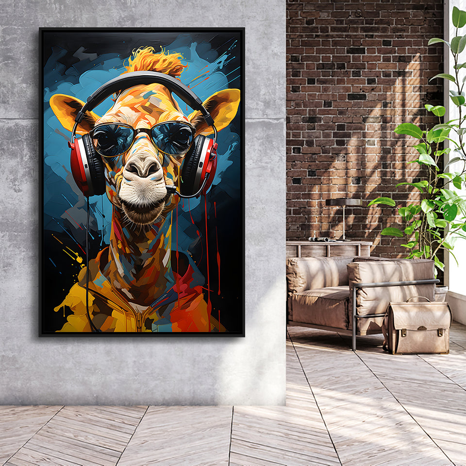 Giraffe Wearing Headphones With Sunglasses V1 Framed Canvas Prints Wall Art Home Decor, Painting Canvas, Floating Frame