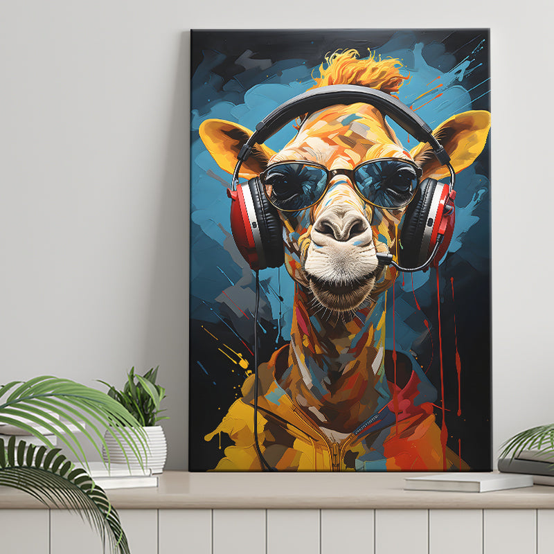 Giraffe Wearing Headphones With Sunglasses V1 Canvas Prints Wall Art Home Decor, Painting Canvas, Living Room Wall Decor