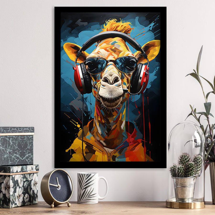Giraffe Wearing Headphones With Sunglasses V1 Framed Art Prints Wall Decor, Painting Art, Framed Picture