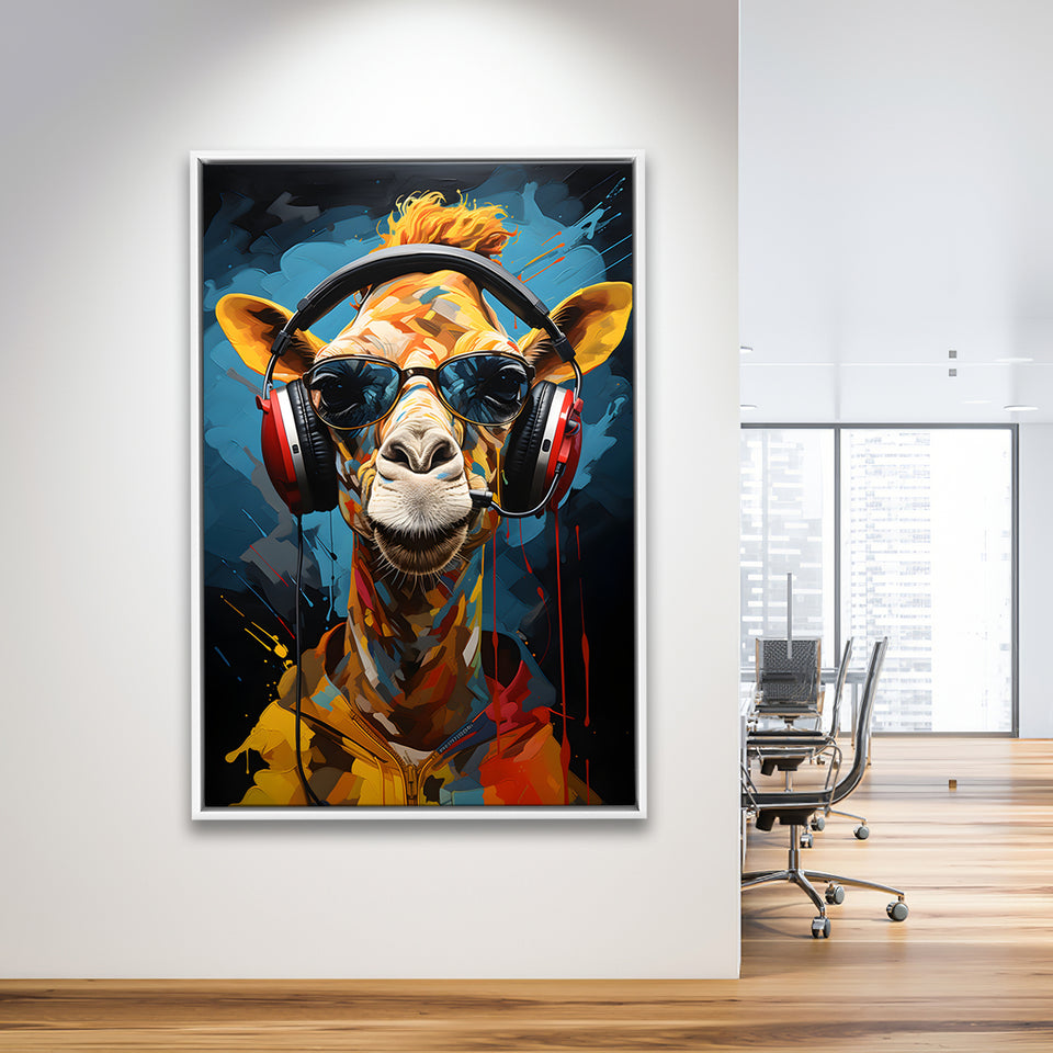 Giraffe Wearing Headphones With Sunglasses V1 Framed Canvas Prints Wall Art Home Decor, Painting Canvas, Floating Frame