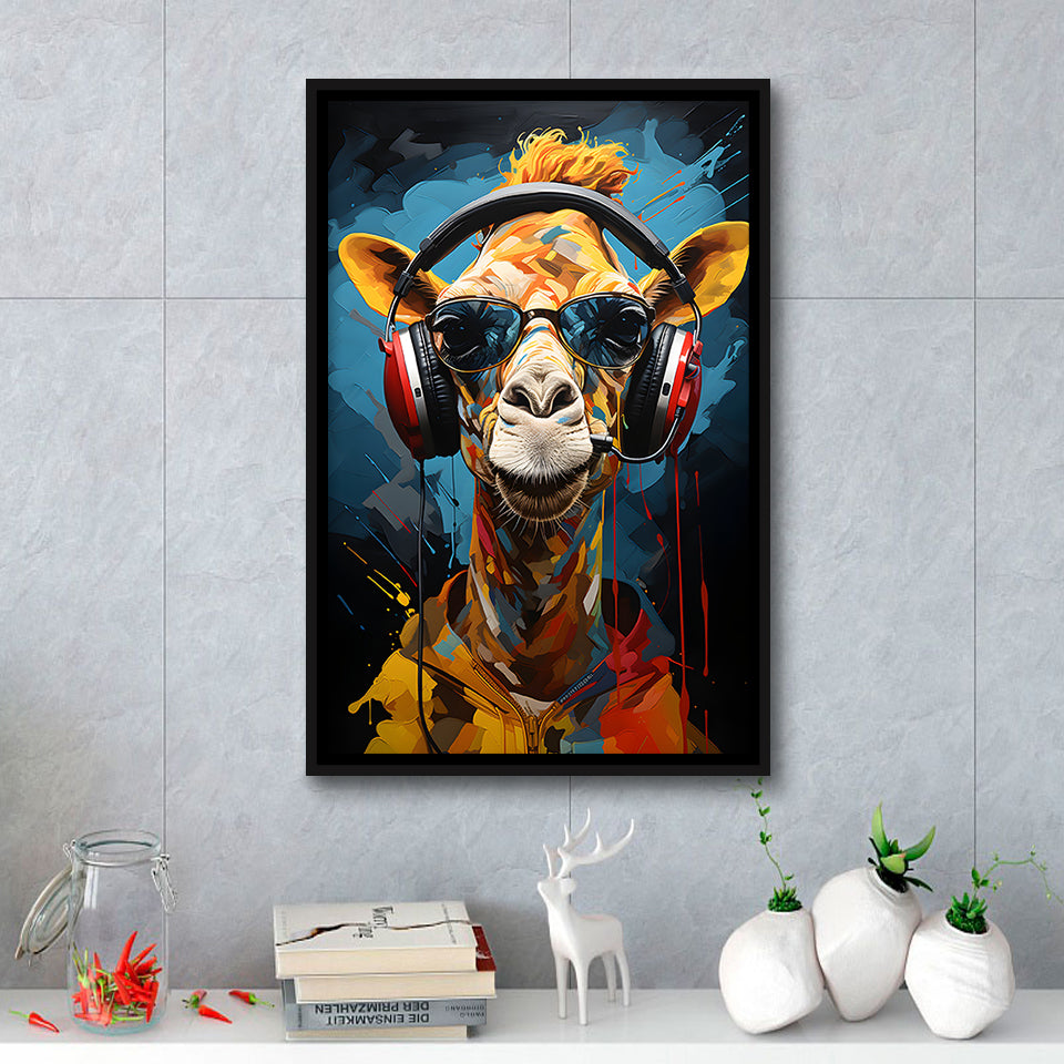Giraffe Wearing Headphones With Sunglasses V1 Framed Canvas Prints Wall Art Home Decor, Painting Canvas, Floating Frame