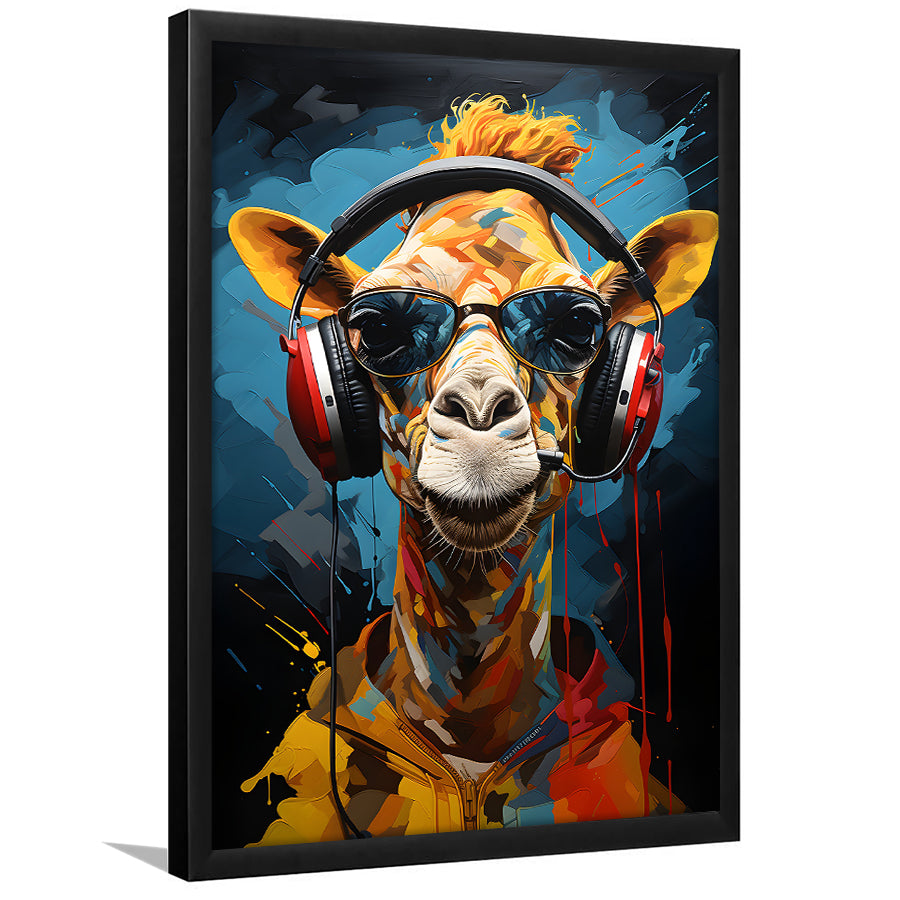 Giraffe Wearing Headphones With Sunglasses V1 Framed Art Prints Wall Decor, Painting Art, Framed Picture