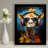 Giraffe Wearing Headphones With Sunglasses V1 Framed Art Prints Wall Decor, Painting Art, Framed Picture