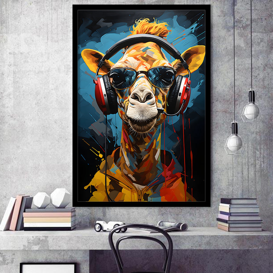 Giraffe Wearing Headphones With Sunglasses V1 Framed Art Prints Wall Decor, Painting Art, Framed Picture