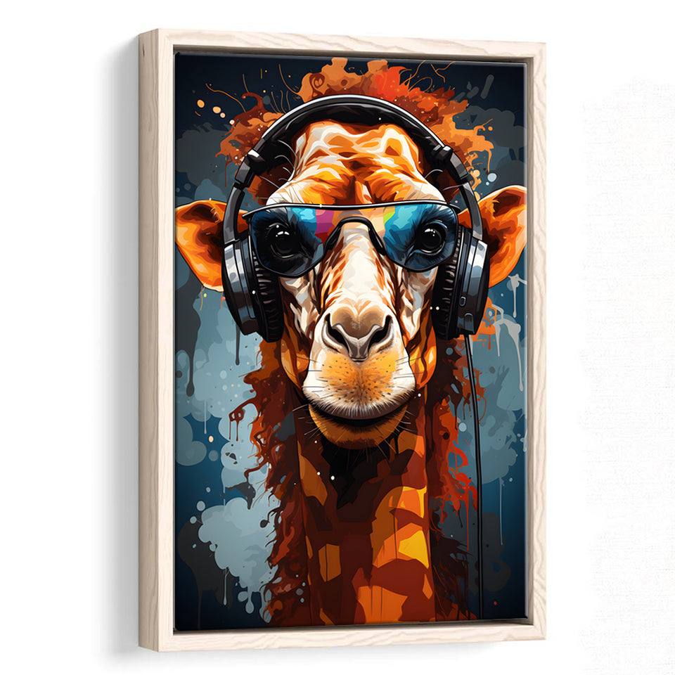 Giraffe Wearing Headphones With Sunglasses V2 Framed Canvas Prints Wall Art Home Decor, Painting Canvas, Floating Frame