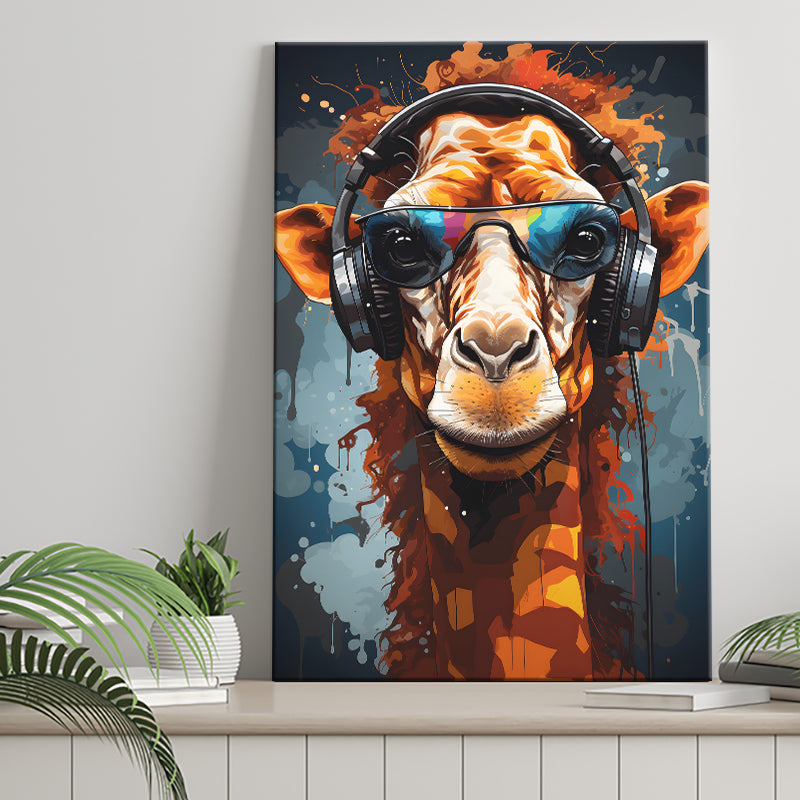 Giraffe Wearing Headphones With Sunglasses V2 Canvas Prints Wall Art Home Decor, Painting Canvas, Living Room Wall Decor