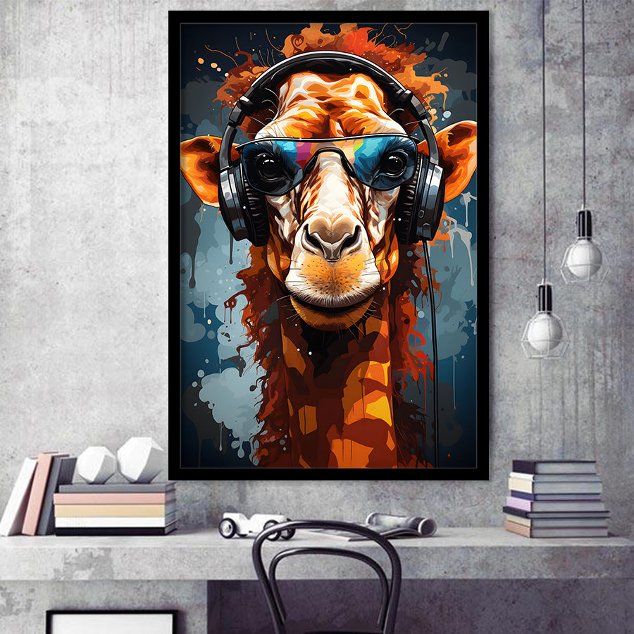 Giraffe Wearing Headphones With Sunglasses V2 Framed Art Prints Wall Decor, Painting Art, Framed Picture