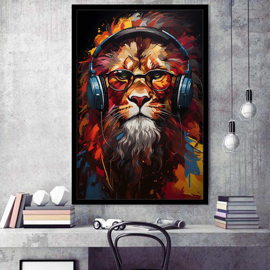 Lion Wearing Headphones And Glasses V4 Framed Art Prints Wall Decor, Painting Art, Framed Picture