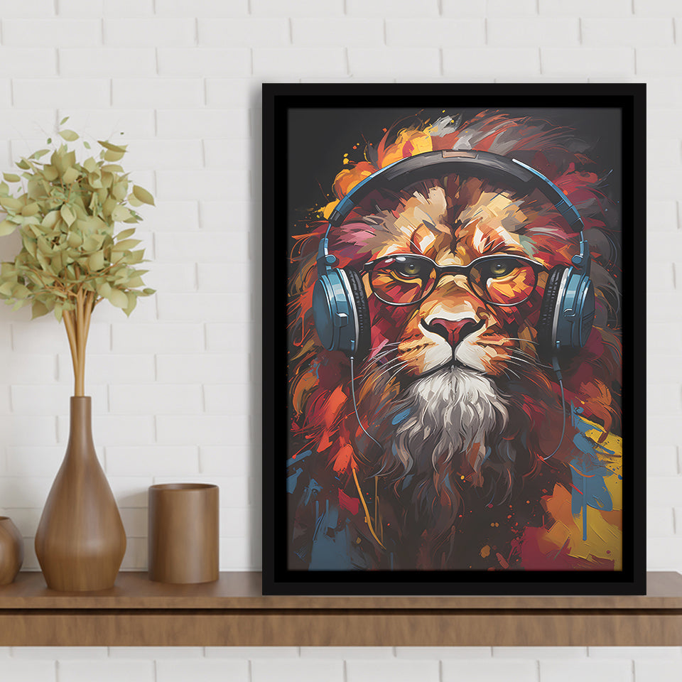 Lion Wearing Headphones And Glasses V4 Framed Canvas Prints Wall Art Home Decor, Painting Canvas, Floating Frame