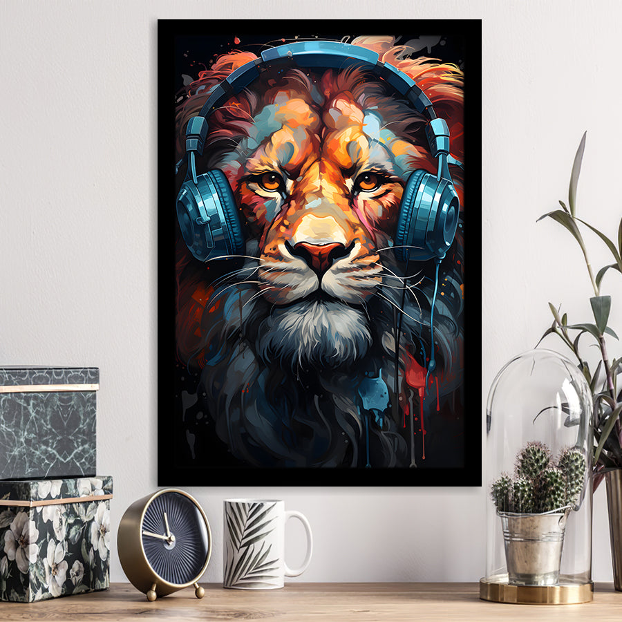 Lion Wearing Headphones V1 Framed Art Prints Wall Decor, Painting Art, Framed Picture