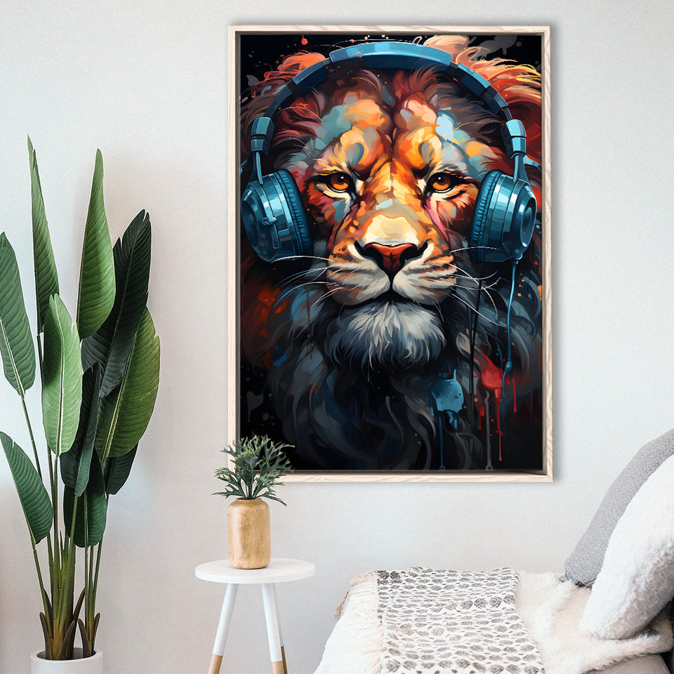 Lion Wearing Headphones V1 Framed Canvas Prints Wall Art Home Decor, Painting Canvas, Floating Frame