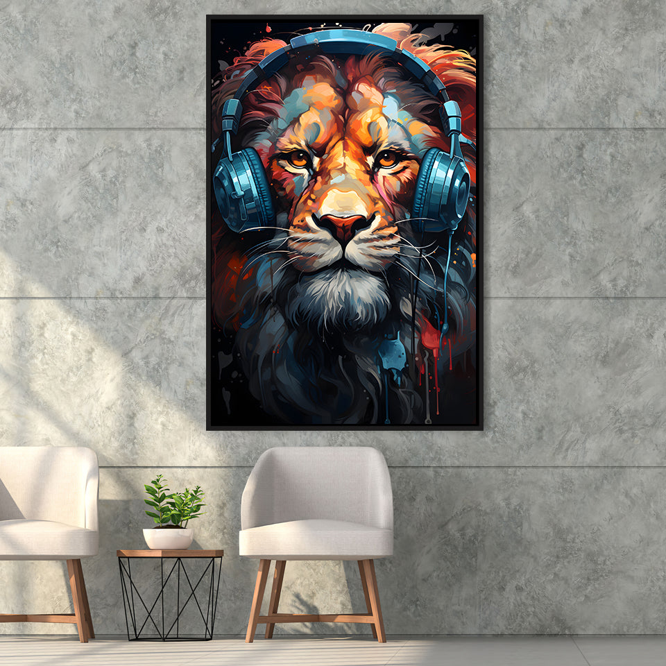 Lion Wearing Headphones V1 Framed Canvas Prints Wall Art Home Decor, Painting Canvas, Floating Frame
