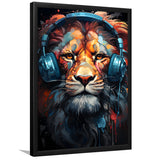 Lion Wearing Headphones V1 Framed Art Prints Wall Decor, Painting Art, Framed Picture