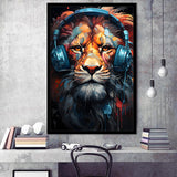 Lion Wearing Headphones V1 Framed Art Prints Wall Decor, Painting Art, Framed Picture