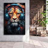 Lion Wearing Headphones V1 Framed Canvas Prints Wall Art Home Decor, Painting Canvas, Floating Frame