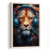 Lion Wearing Headphones V1 Framed Canvas Prints Wall Art Home Decor, Painting Canvas, Floating Frame