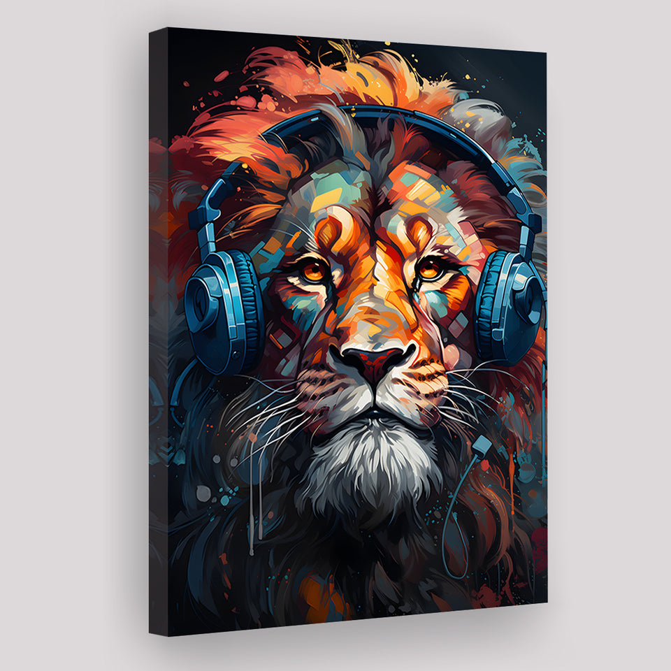 Lion Wearing Headphones V3 Canvas Prints Wall Art Home Decor, Painting Canvas, Living Room Wall Decor