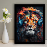 Lion Wearing Headphones V3 Framed Art Prints Wall Decor, Painting Art, Framed Picture