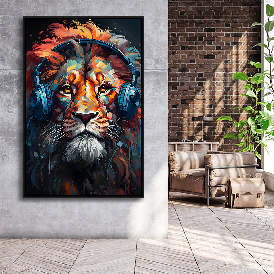 Lion Wearing Headphones V3 Framed Canvas Prints Wall Art Home Decor, Painting Canvas, Floating Frame