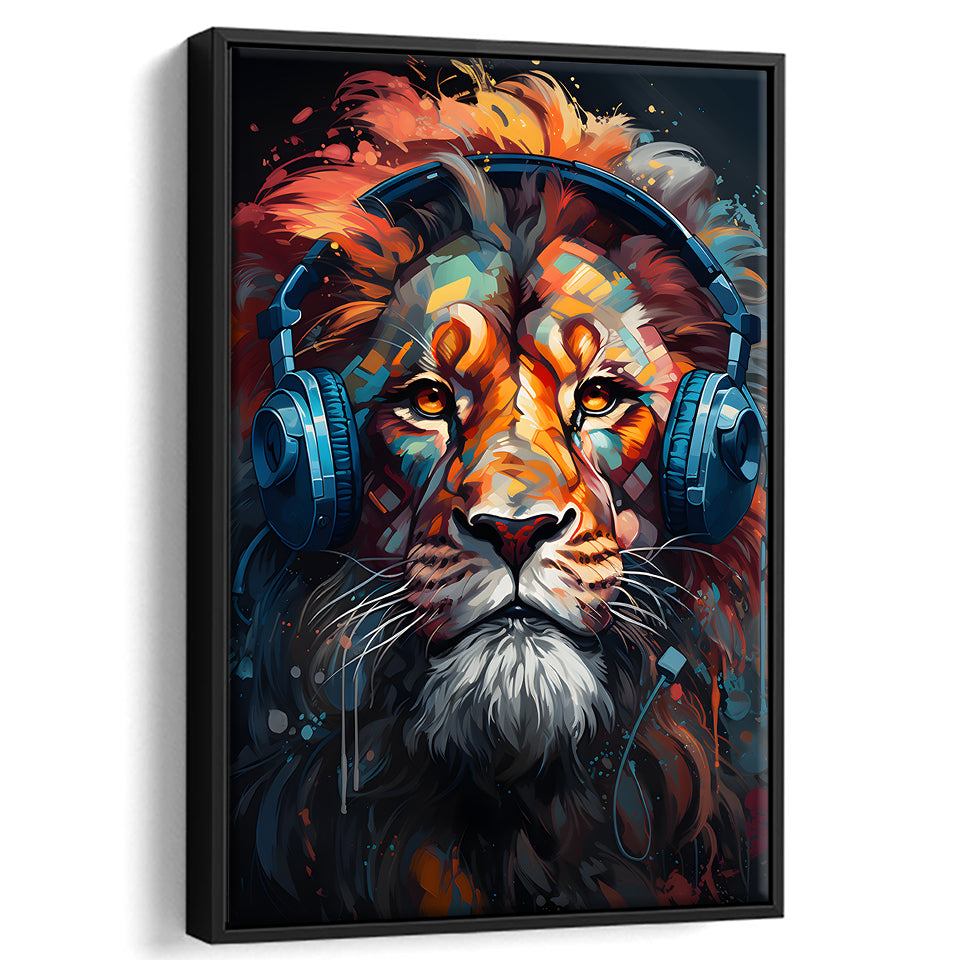 Lion Wearing Headphones V3 Framed Canvas Prints Wall Art Home Decor, Painting Canvas, Floating Frame