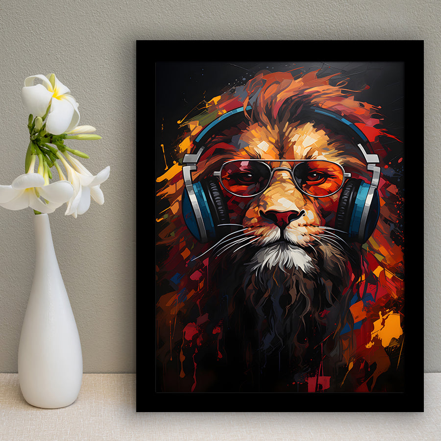 Lion Wearing Headphones With Sunglasses V2 Framed Art Prints Wall Decor, Painting Art, Framed Picture
