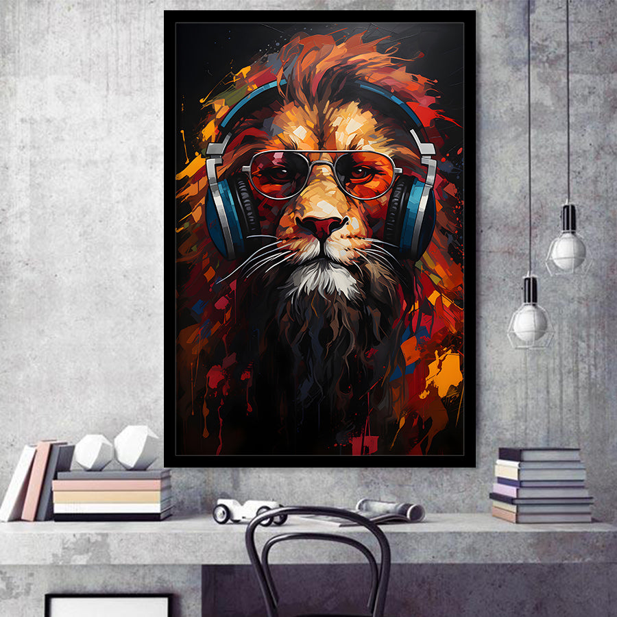 Lion Wearing Headphones With Sunglasses V2 Framed Art Prints Wall Decor, Painting Art, Framed Picture