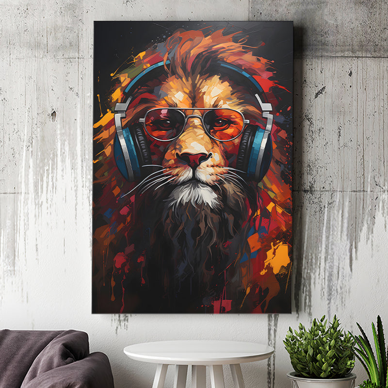 Lion Wearing Headphones With Sunglasses V2 Canvas Prints Wall Art Home Decor, Painting Canvas, Living Room Wall Decor