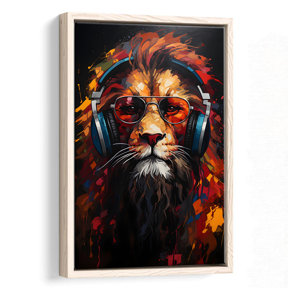 Lion Wearing Headphones With Sunglasses V2 Framed Canvas Prints Wall Art Home Decor, Painting Canvas, Floating Frame
