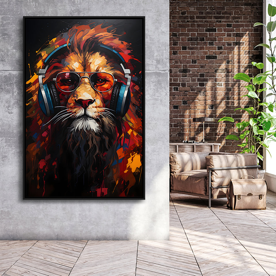 Lion Wearing Headphones With Sunglasses V2 Framed Canvas Prints Wall Art Home Decor, Painting Canvas, Floating Frame