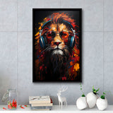 Lion Wearing Headphones With Sunglasses V2 Framed Canvas Prints Wall Art Home Decor, Painting Canvas, Floating Frame
