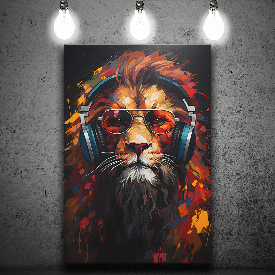 Lion Wearing Headphones With Sunglasses V2 Canvas Prints Wall Art Home Decor, Painting Canvas, Living Room Wall Decor