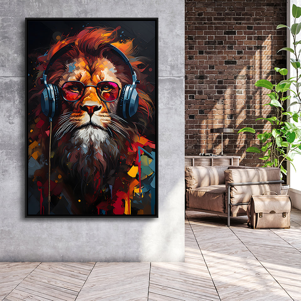 Lion Wearing Headphones With Sunglasses V5 Framed Canvas Prints Wall Art Home Decor, Painting Canvas, Floating Frame