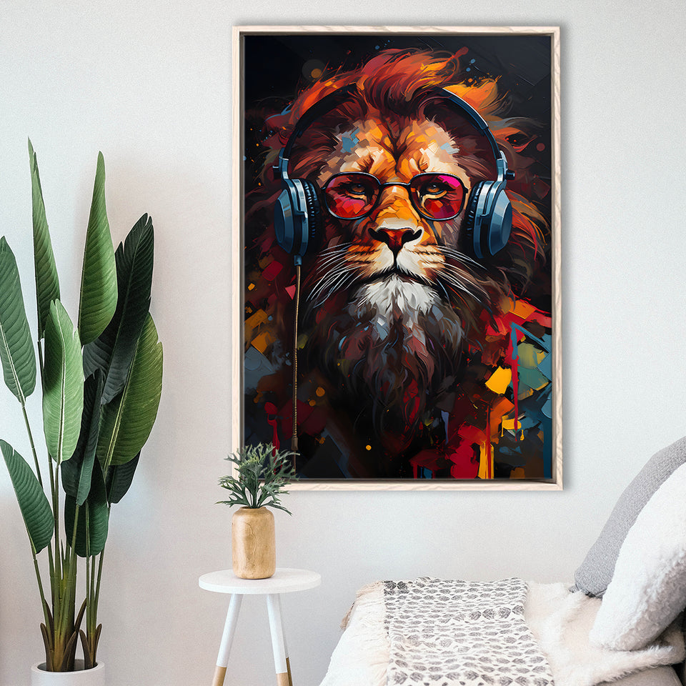 Lion Wearing Headphones With Sunglasses V5 Framed Canvas Prints Wall Art Home Decor, Painting Canvas, Floating Frame