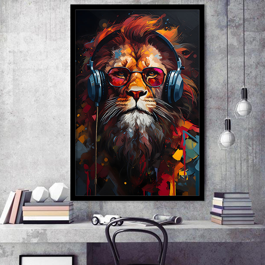 Lion Wearing Headphones With Sunglasses V5 Framed Art Prints Wall Decor, Painting Art, Framed Picture
