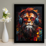Lion Wearing Headphones With Sunglasses V5 Framed Art Prints Wall Decor, Painting Art, Framed Picture