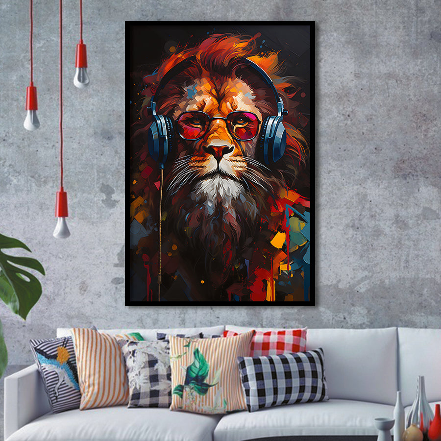 Lion Wearing Headphones With Sunglasses V5 Framed Art Prints Wall Decor, Painting Art, Framed Picture