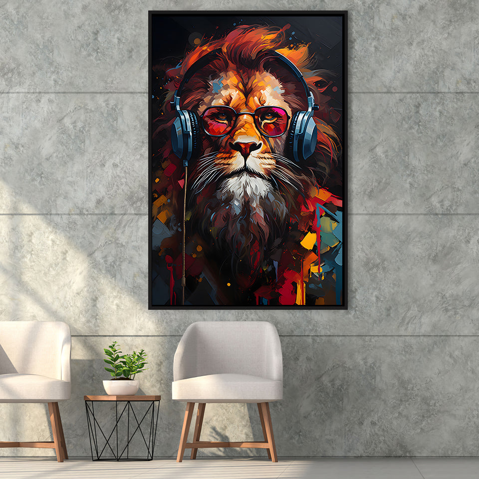 Lion Wearing Headphones With Sunglasses V5 Framed Canvas Prints Wall Art Home Decor, Painting Canvas, Floating Frame