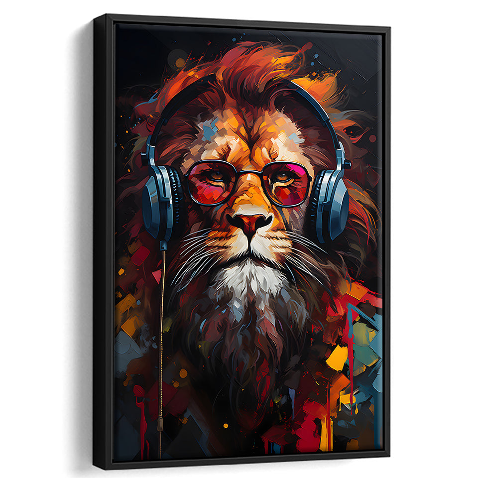 Lion Wearing Headphones With Sunglasses V5 Framed Canvas Prints Wall Art Home Decor, Painting Canvas, Floating Frame