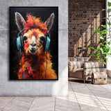Llama Wearing Headphones Black Background V4 Framed Canvas Prints Wall Art Home Decor, Painting Canvas, Floating Frame