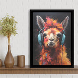 Llama Wearing Headphones Black Background V4 Framed Canvas Prints Wall Art Home Decor, Painting Canvas, Floating Frame