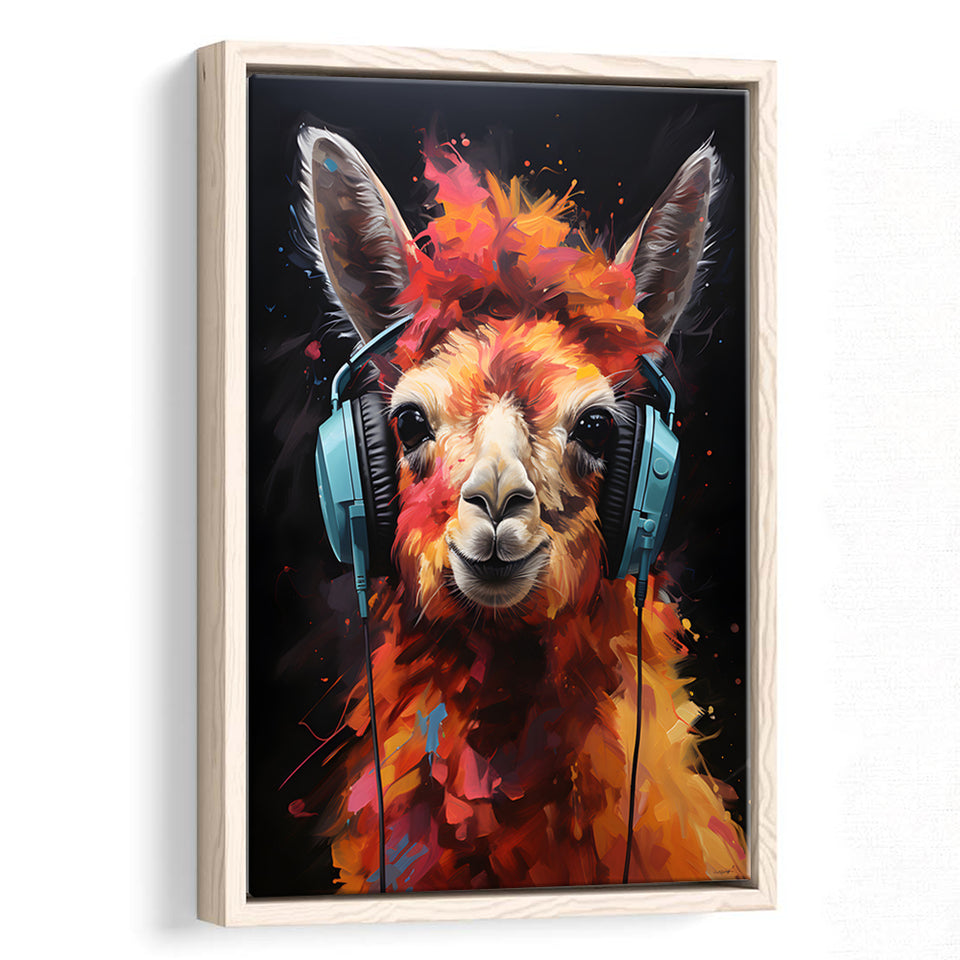 Llama Wearing Headphones Black Background V4 Framed Canvas Prints Wall Art Home Decor, Painting Canvas, Floating Frame