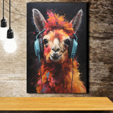 Llama Wearing Headphones Black Background V4 Canvas Prints Wall Art Home Decor, Painting Canvas, Living Room Wall Decor