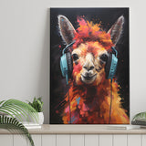 Llama Wearing Headphones Black Background V4 Canvas Prints Wall Art Home Decor, Painting Canvas, Living Room Wall Decor