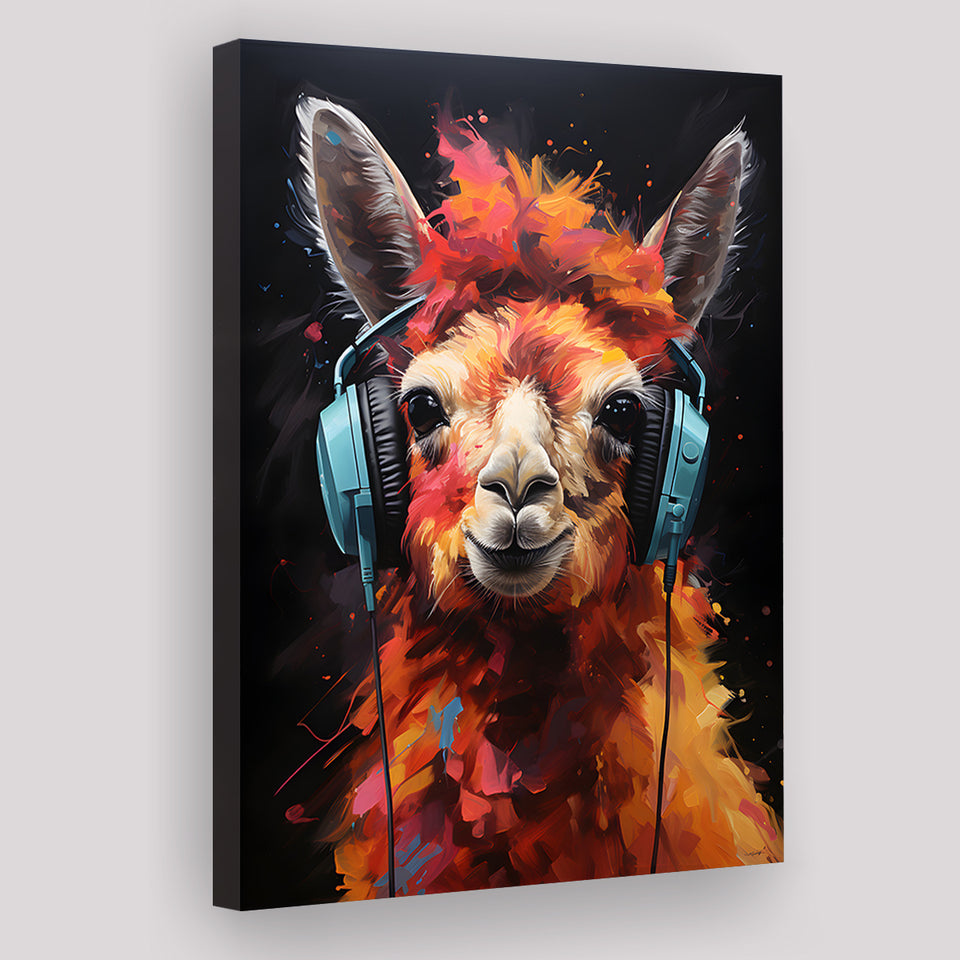 Llama Wearing Headphones Black Background V4 Canvas Prints Wall Art Home Decor, Painting Canvas, Living Room Wall Decor