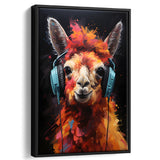 Llama Wearing Headphones Black Background V4 Framed Canvas Prints Wall Art Home Decor, Painting Canvas, Floating Frame