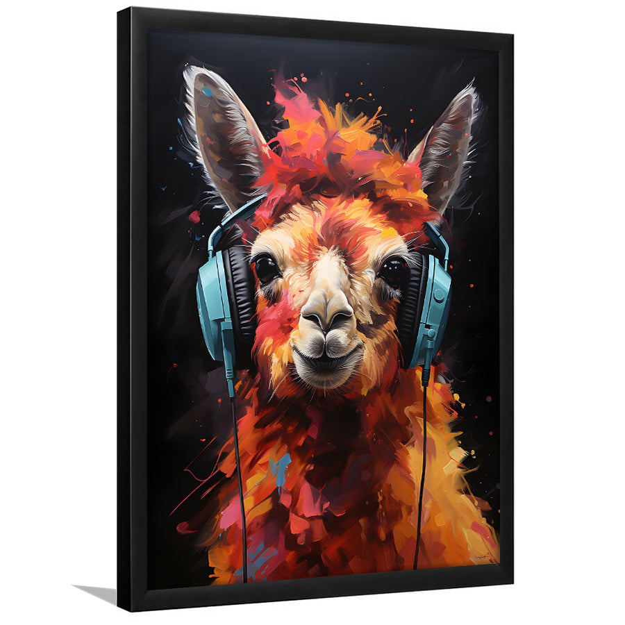 Llama Wearing Headphones Black Background V4 Framed Art Prints Wall Decor, Painting Art, Framed Picture